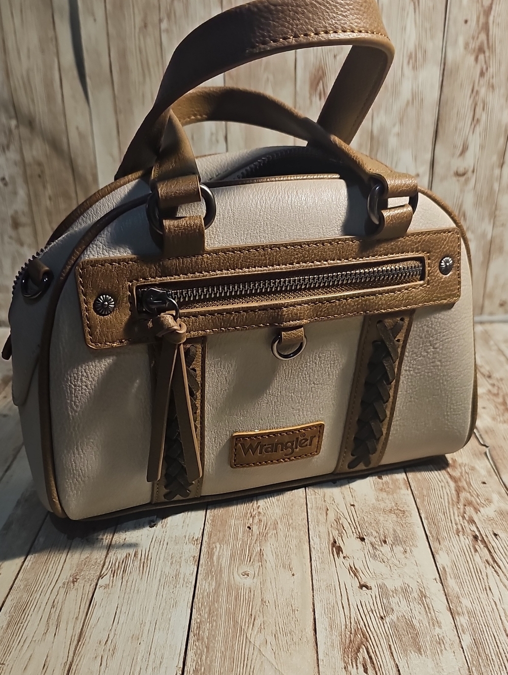 Wrangler Cream and Tan Satchel with Braided Trim